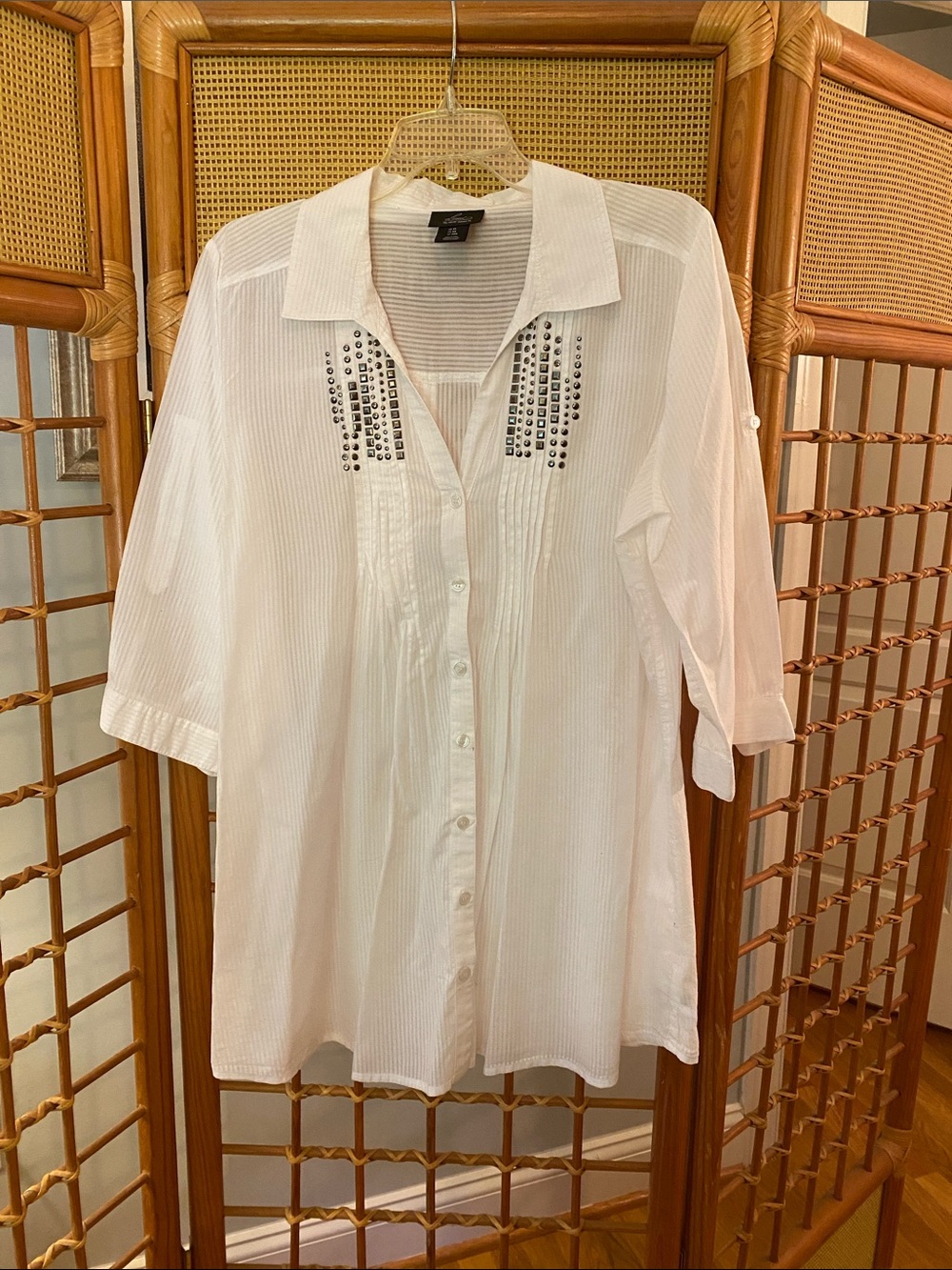 White Button-Front Blouse with Embellished Chest